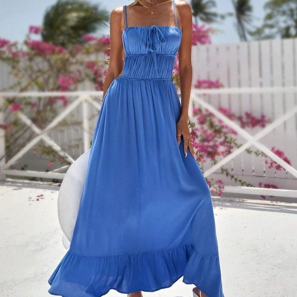 Blue Boho Womens Tie Front Ruffle Hem Cami Dress - Picture 4 of 5